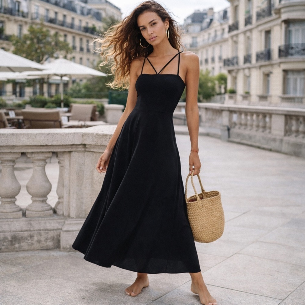 Zara Black Strappy Midi Dress Linen‎ Blend Open Back Minimalist Coastal Chic XXL